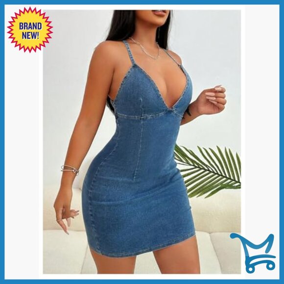 Backless Criss Cross Halter Bodycon Mini Dress Denim Cami - Picture 3 of 6